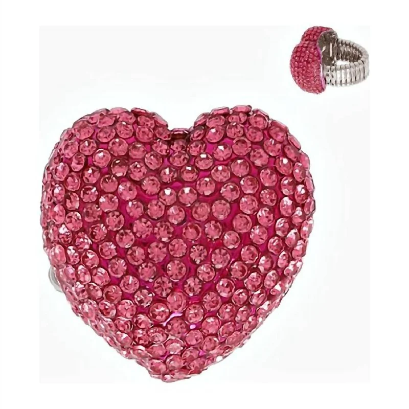 Rings with bold ruby stones for drama -Rhinestone Heart Stretchy Ring In Pink