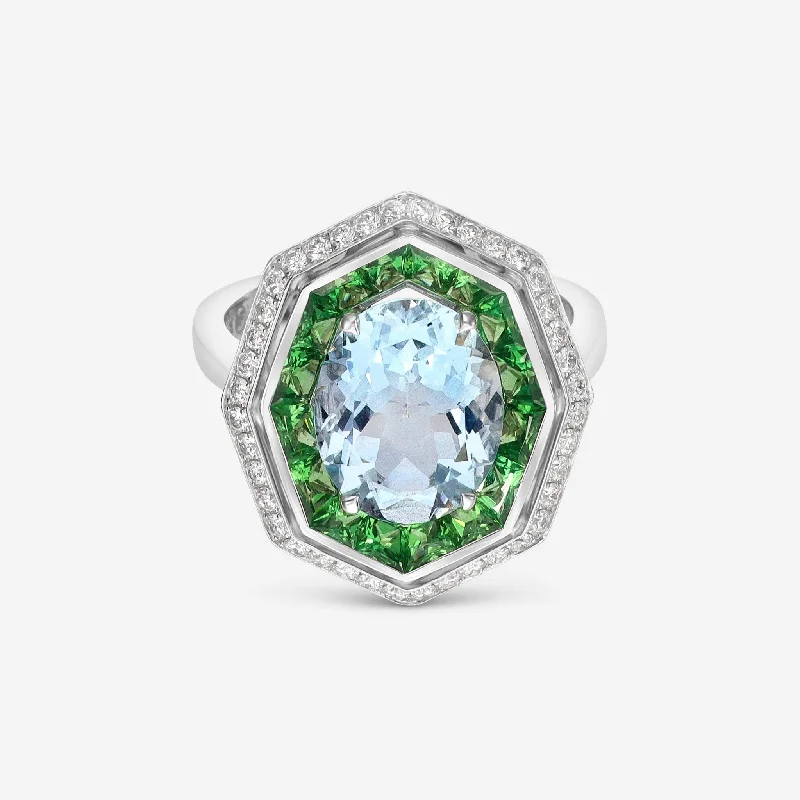 Dainty rings with subtle engraved star motifs -Roberto Coin 18K White Gold Green Garnet, Tsavorite  1.52 ct., Aquamarine 3.9ct., and Diamond Ring 378114AW65JX