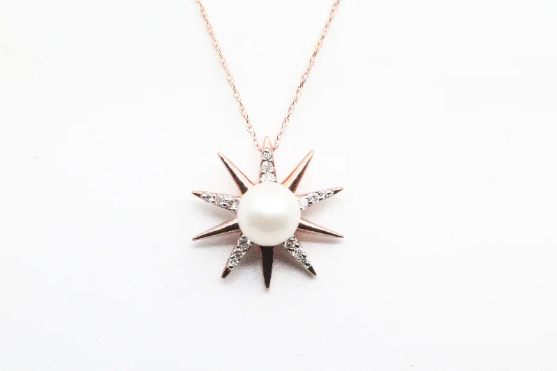 Best necklaces and pendants with personalized coordinates for a special keepsake-Rose Gold Pearl and Diamond Sunburst Pendant with Chain