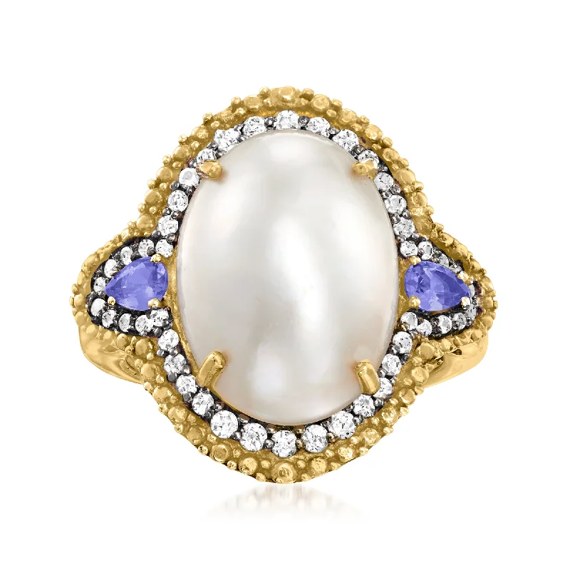 Bold rings with oversized amethyst gemstones -Ross-Simons 12x16mm Cultured Mabe Pearl and . Tanzanite Ring With . White Topaz in 18kt Gold Over Sterling