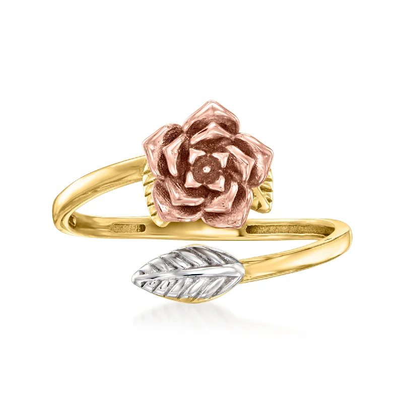 Rings with agate slices for earthy style -Ross-Simons 14kt Tri-Colored Gold Rose and Leaf Bypass Ring