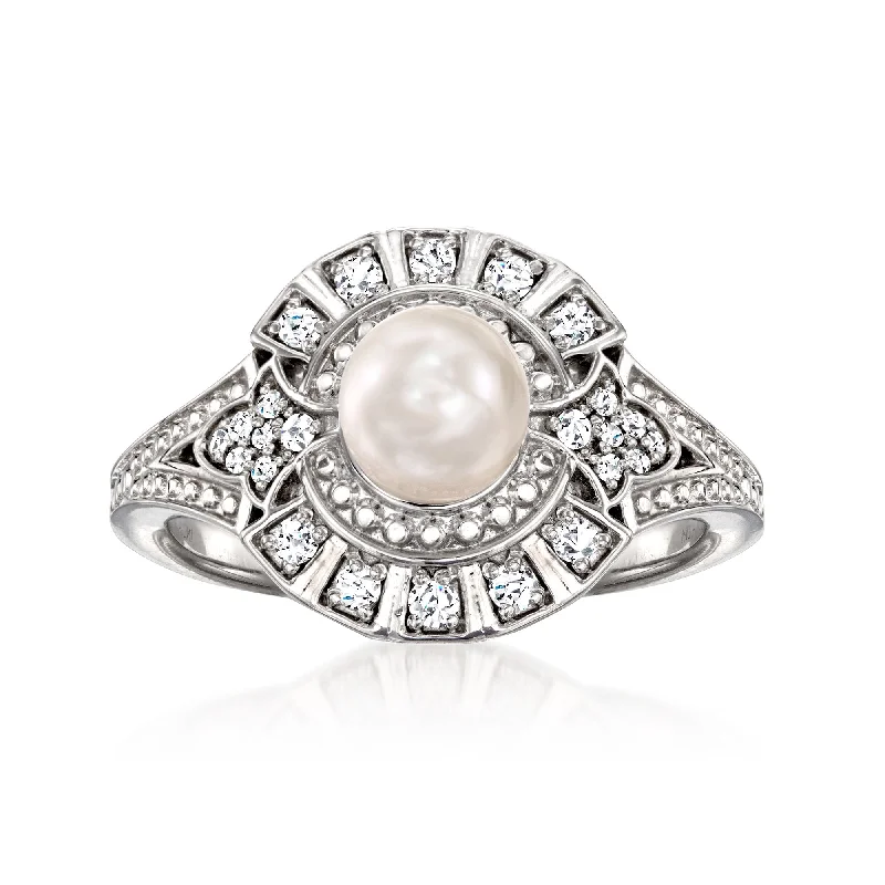 Rings with rose quartz for soft romance -Ross-Simons 6-6.5mm Cultured Pearl and . Diamond Ring in Sterling Silver