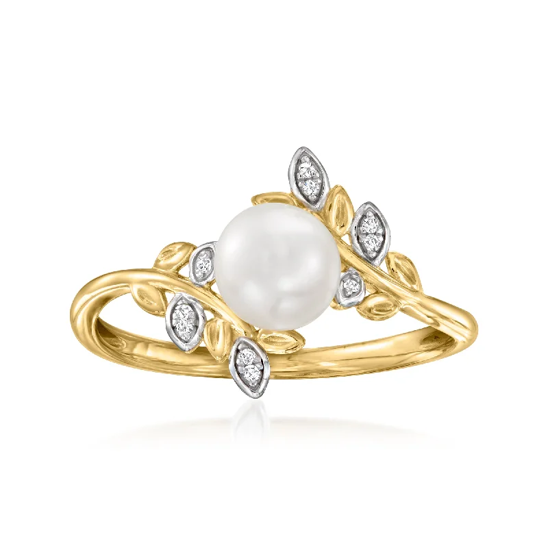 Rings with moonstone gems for ethereal glow -Ross-Simons 6-6.5mm Cultured Pearl Leaf Ring With Diamond Accents in 14kt Yellow Gold