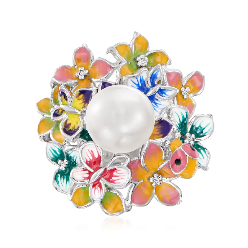 Rings with raw topaz for icy charm -Ross-Simons 8.5-9mm Cultured Pearl Flower Ring With Diamond Accents and Multicolored Enamel in Sterling Silver