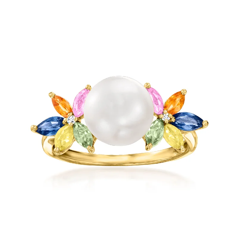 Rings with polished jade for smooth calm -Ross-Simons 8-8.5mm Cultured Pearl and Multicolored Sapphire Ring With Diamond Accents in 14kt Yellow Gold