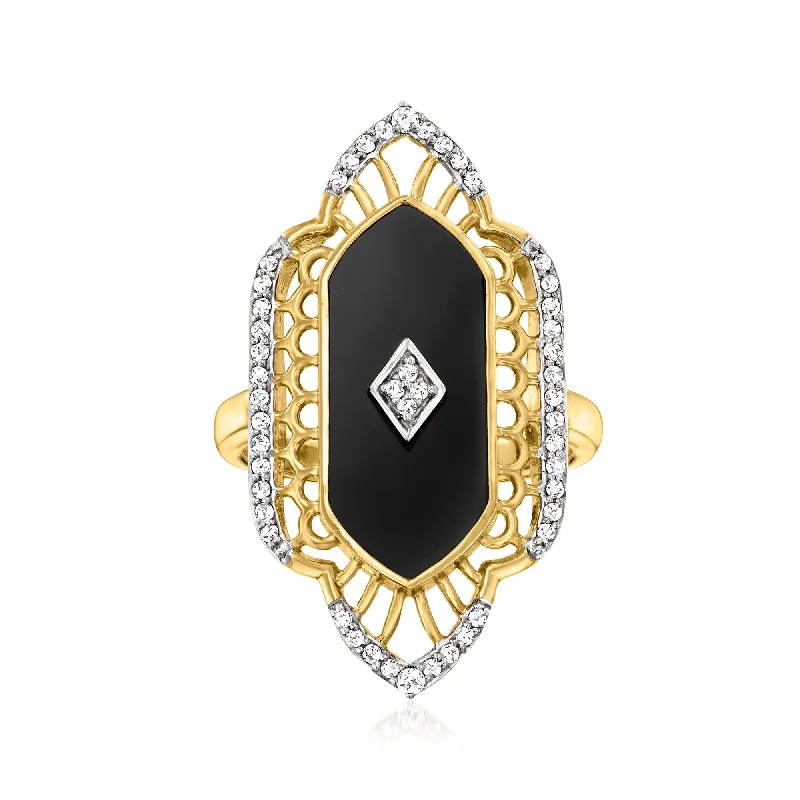 Vintage rings with engraved floral band designs -Ross-Simons Black Onyx and White Topaz Ring in 18kt Gold Over Sterling