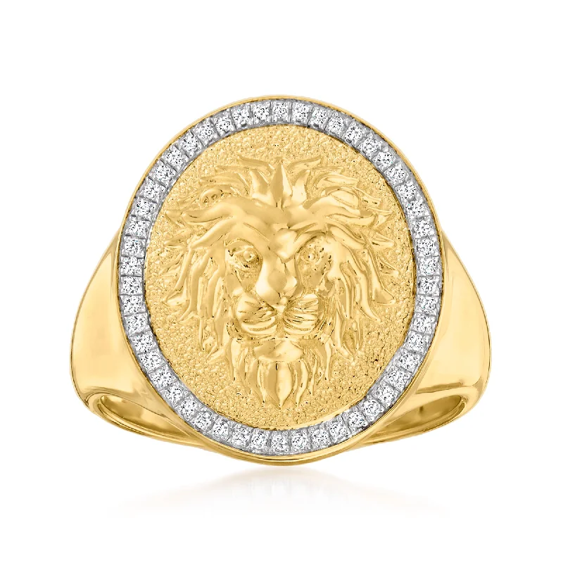 Rings with floral amethyst for romantic touch -Ross-Simons Diamond Lion Head Signet Ring in 18kt Gold Over Sterling