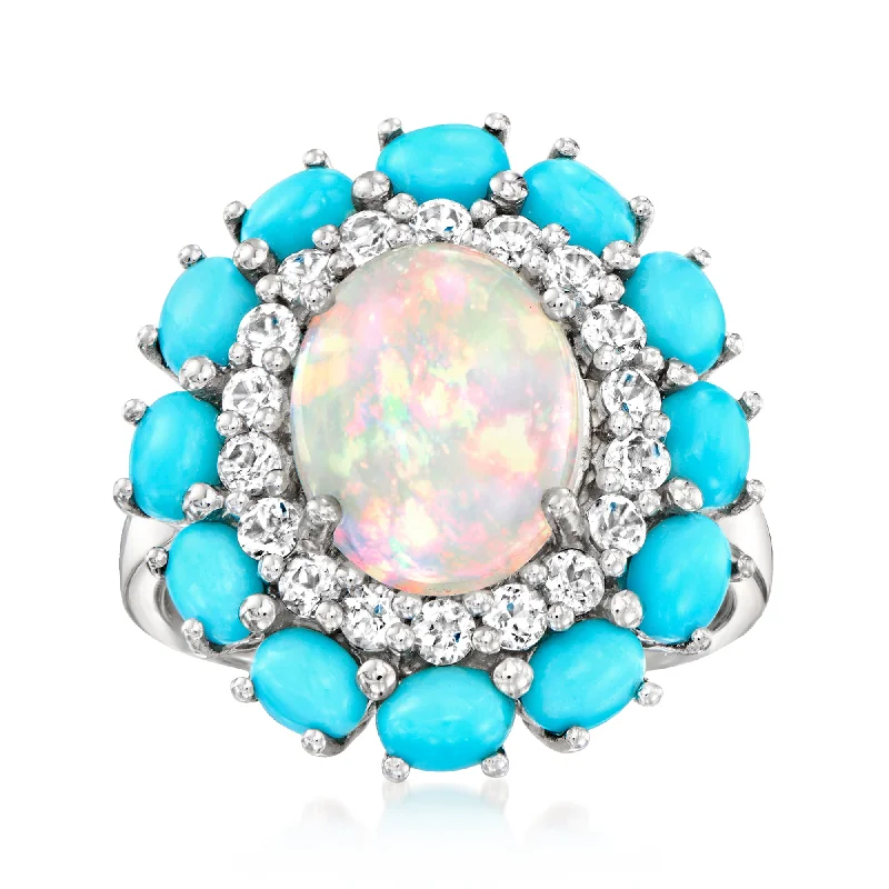 Rings with natural amber for warm glow -Ross-Simons Ethiopian Opal, Turquoise and White Topaz Ring in Sterling Silver