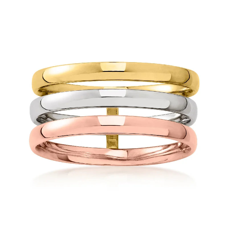 Rings with twisted rose gold band designs -Ross-Simons Italian 14kt Tri-Colored Gold 3-Row Ring