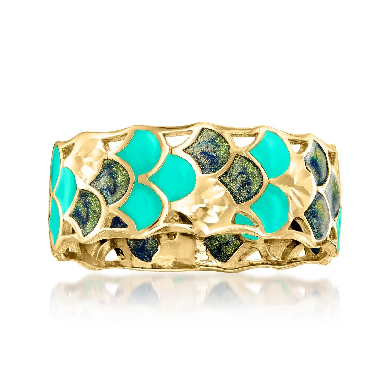 Rings with rough peridot for green texture -Ross-Simons Italian Multicolored Enamel Mermaid Scales Ring in 14kt Yellow Gold