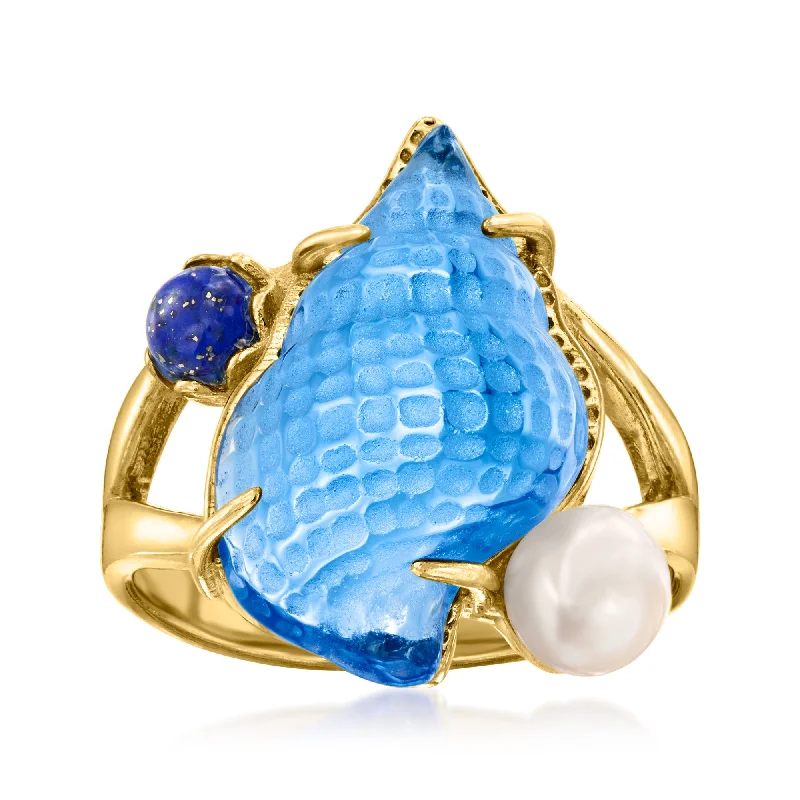 Rings with crescent moon for lunar charm -Ross-Simons Italian Tagliamonte Blue Venetian Glass Seashell Ring With Lapis and 5.5-6mm Cultured Pearl in 18kt Gold Over Sterling