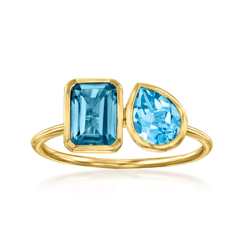 Rings with shield-shaped stones for boldness -Ross-Simons London Blue Topaz and . Swiss Blue Topaz Toi Et Moi Ring in 14kt Yellow Gold