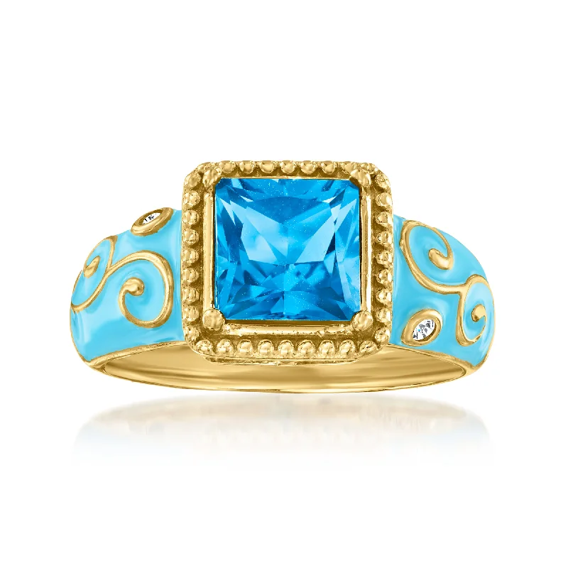 Rings with oxidized bands for vintage edge -Ross-Simons London Blue Topaz Ring With White Topaz Accents and Blue Enamel in 18kt Gold Over Sterling