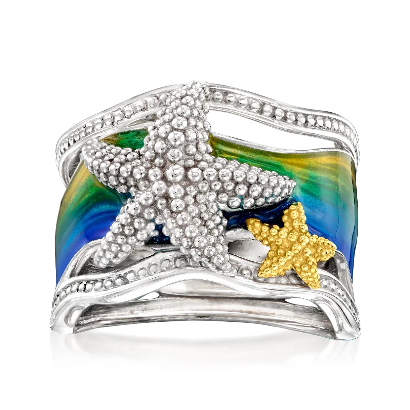 Rings with adjustable bands for perfect fit -Ross-Simons Multicolored Enamel Starfish Ring in 2-Tone Sterling Silver