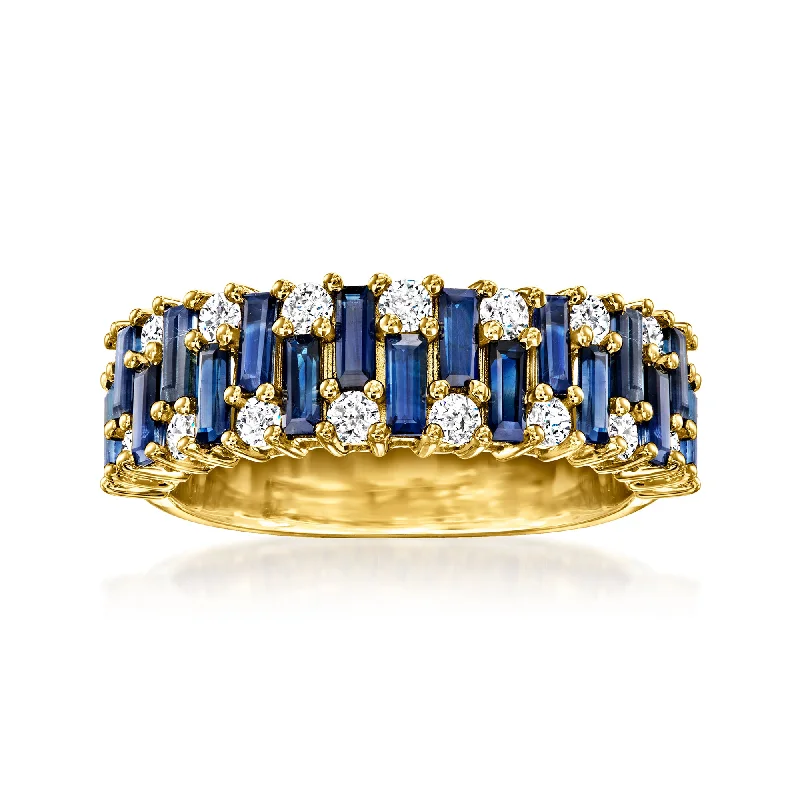 Rings with polished onyx for sleek contrast -Ross-Simons Sapphire and .56 T. T.W. Diamond Staggered Ring in 14kt Yellow Gold