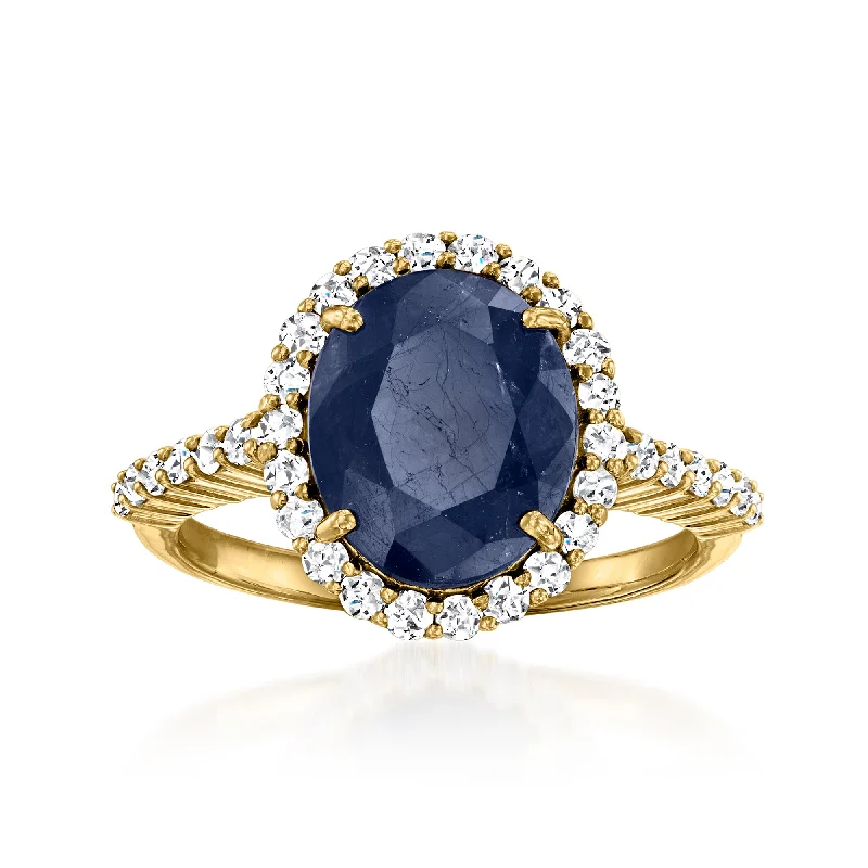 Dainty rings with subtle engraved star motifs -Ross-Simons Sapphire and . Diamond Ring in 18kt Yellow Gold