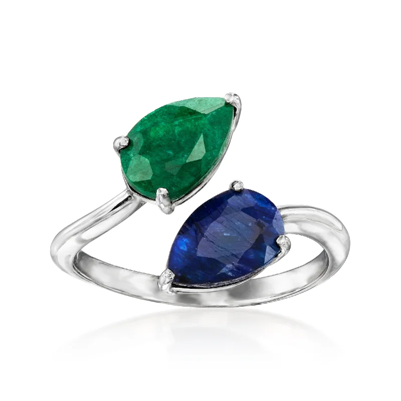 Rings with etched floral bands for detail -Ross-Simons Sapphire and . Emerald Toi Et Moi Ring in Sterling Silver