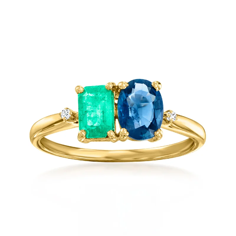 Rings with aquamarine stones for ocean charm -Ross-Simons Sapphire and . Emerald Toi Et Moi Ring With Diamond Accents in 14kt Yellow Gold