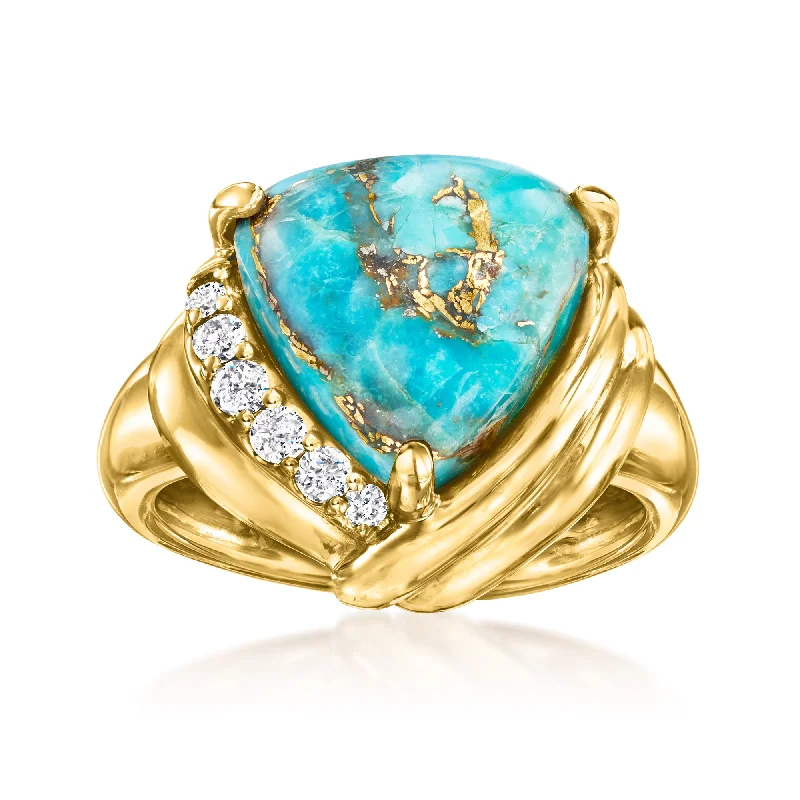 Rings with rough sapphire for rugged chic -Ross-Simons Turquoise and Diamond Ring in 18kt Gold Over Sterling