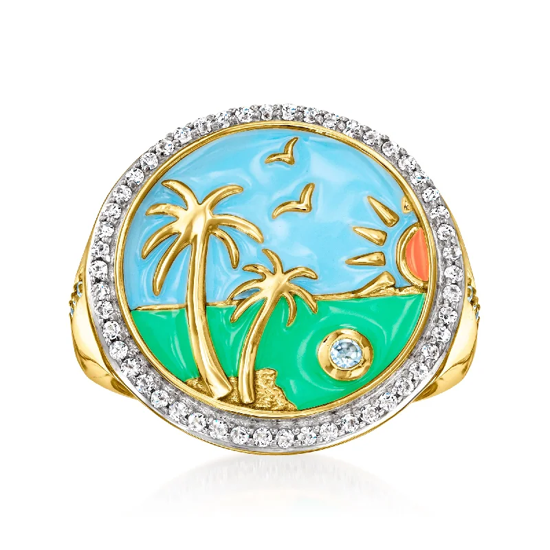 Platinum rings with sparkling sapphire center stones -Ross-Simons White Topaz and Multicolored Enamel Beach Ring With . Swiss Blue Topaz in 18kt Gold Over Sterling