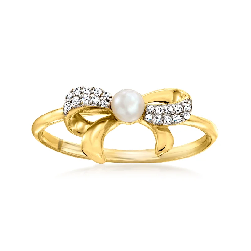 Rings with citrine stones for sunny vibes -RS Pure by Ross-Simons 3-3.5mm Cultured Pearl Bow Ring With Diamond Accents in 14kt Yellow Gold