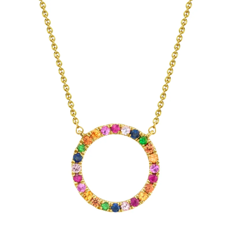 Necklaces and pendants with geometric pendants for a clean, contemporary design-Rainbow Sapphire Circle Necklace