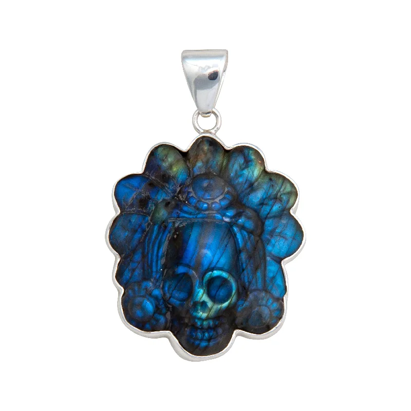 Stunning necklaces and pendants with birthstone pendants for a personal touch-Silver Labradorite Headdress Skull Pendant