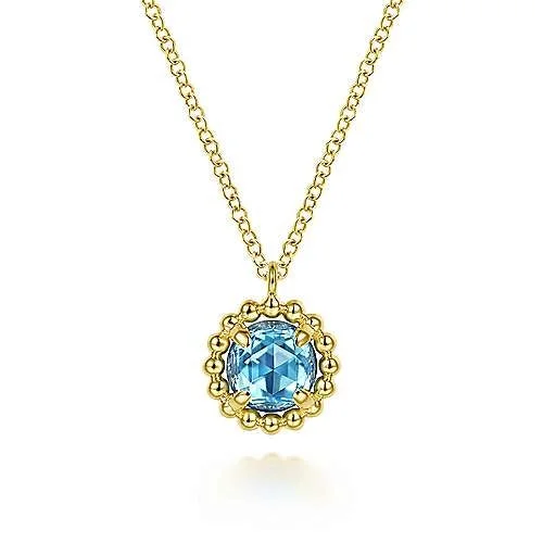 Personalized necklaces and pendants with coordinates for a meaningful location-based gift-14K Yellow Gold Beaded Halo Blue Topaz Pendant Necklace