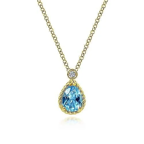 Best necklaces and pendants with rose gold for a warm and romantic appeal-14K Yellow Gold Pear Shape Blue Topaz Pendant Necklace with Bezel Set Diamond