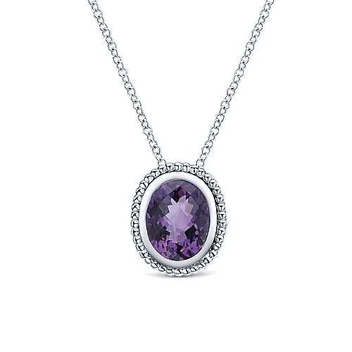 Beautiful necklaces and pendants with moon and star charms for a dreamy effect-Sterling Silver Beaded Frame Oval Amethyst Necklace