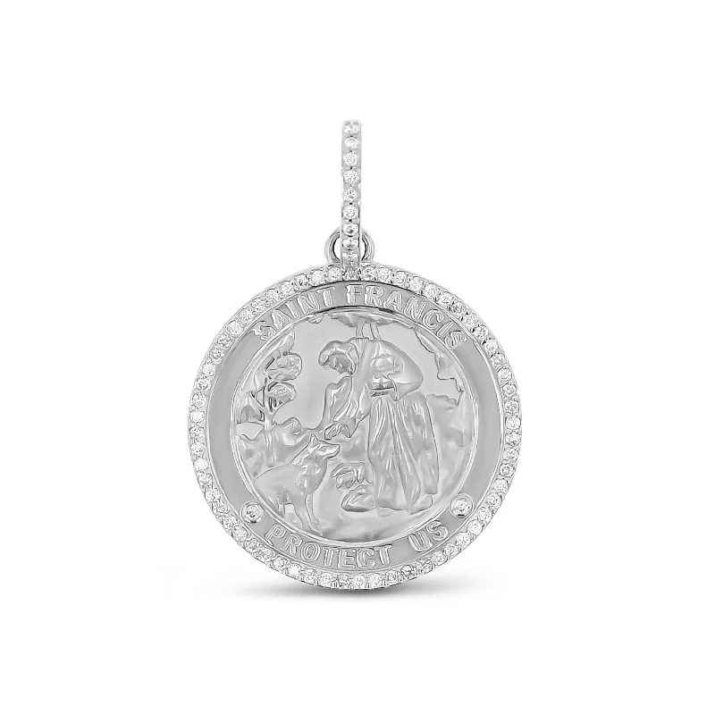 Simple necklaces and pendants with bar pendants for a sleek modern design-St. Francis "Protect Us" Diamond Halo Medallion - 30mm