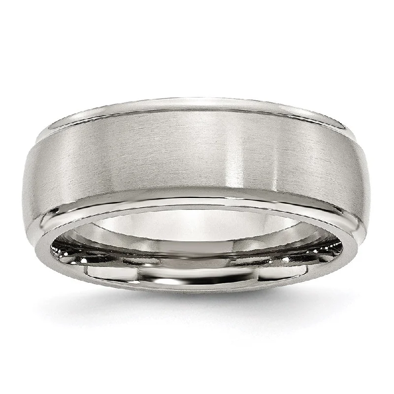 Rings with hammered silver for rustic appeal -Stainless Steel Ridged Edge 8mm Brushed and Polished Band | SR86