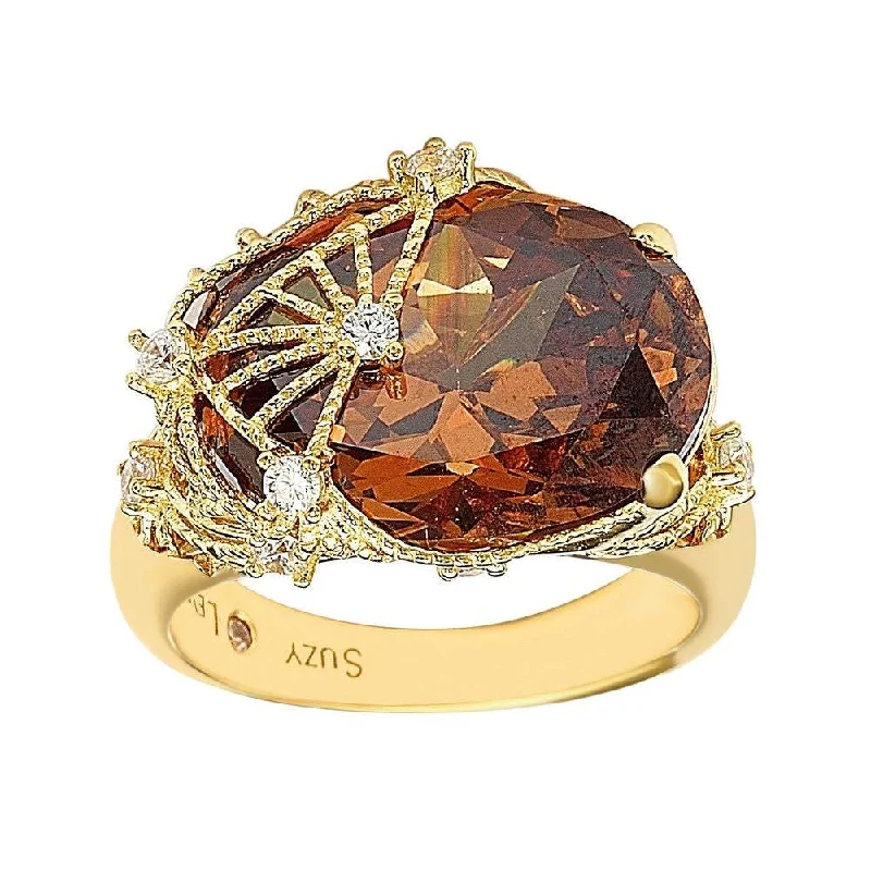 Dainty rings with subtle engraved star motifs -Suzy Levian Gold Plated Sterling Silver Brown Cubic Zirconia Ring