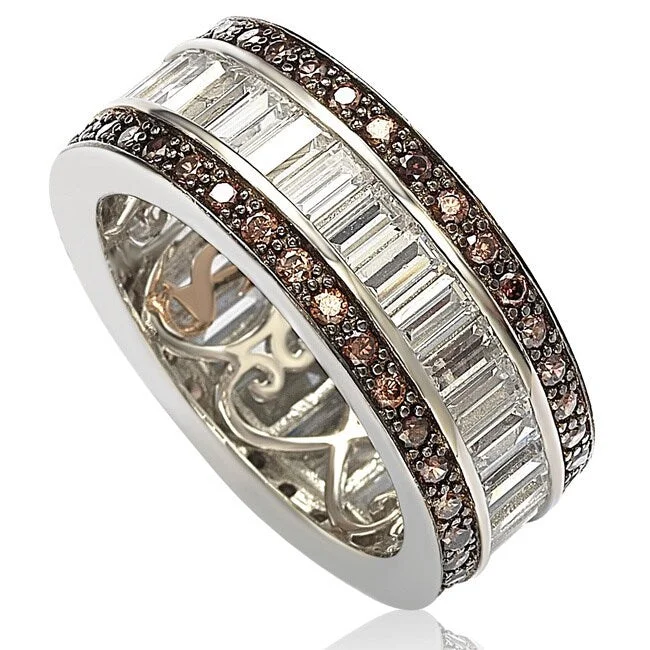 Rings with delicate filigree sapphire settings -Suzy Levian Sterling Silver Cubic Zirconia Brown and White Baguette Eternity Band