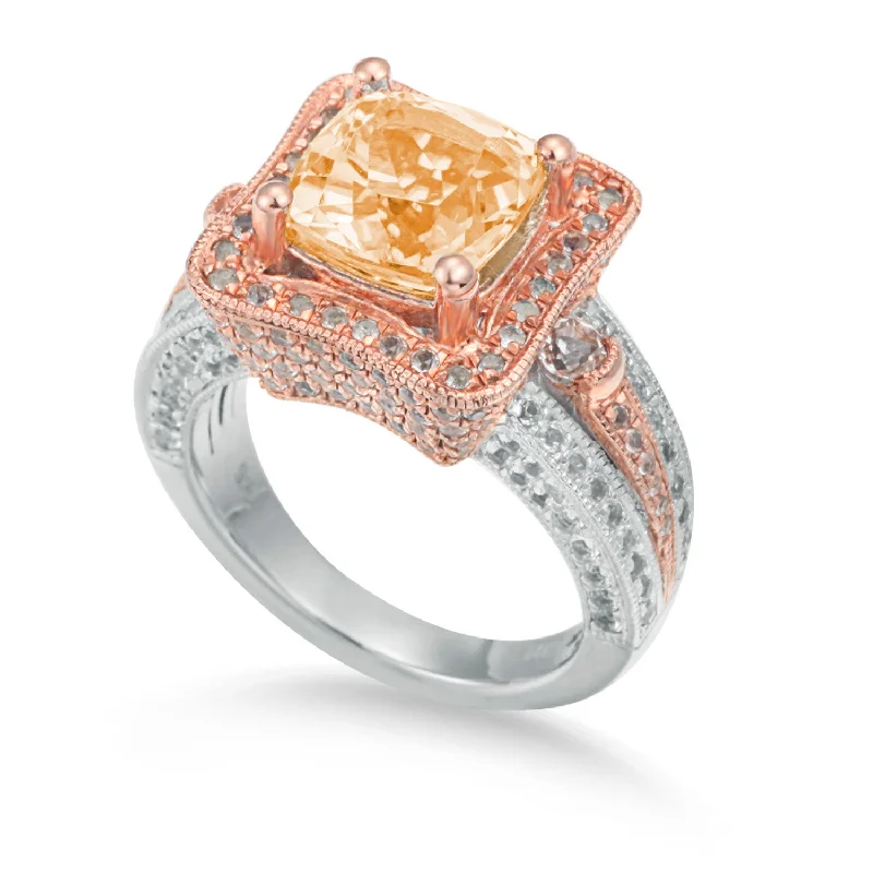 Rings with vintage claw prongs for elegance -Suzy Levian Two-Tone Sterling Silver 5.57 cttw Cushion Cut Orange Citrine Ring