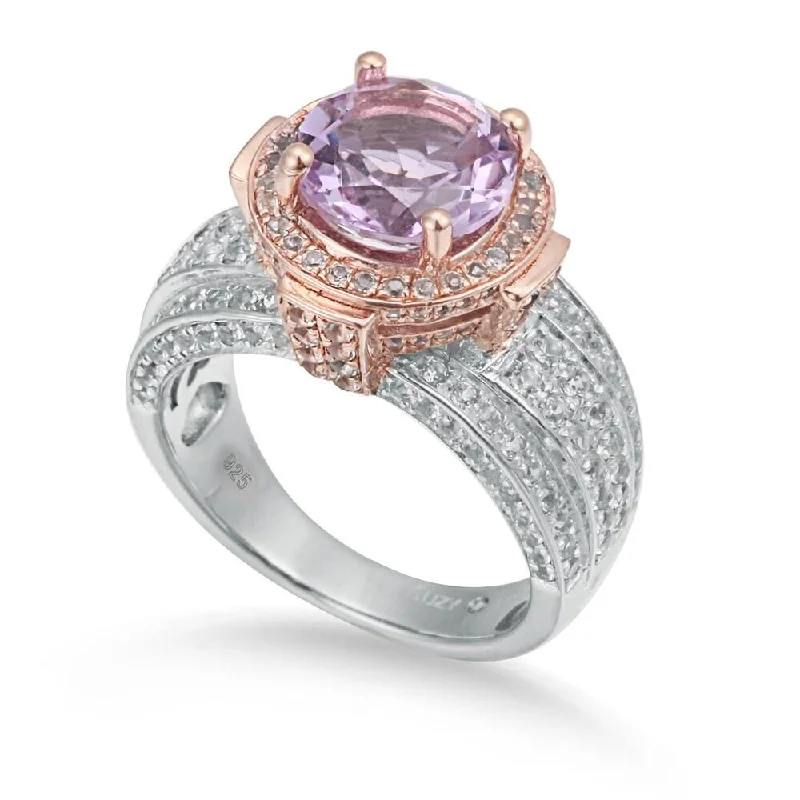 Rings with crescent moon for lunar charm -Suzy Levian Two-Tone Sterling Silver Round 4.85 TCW Purple Amethyst Ring