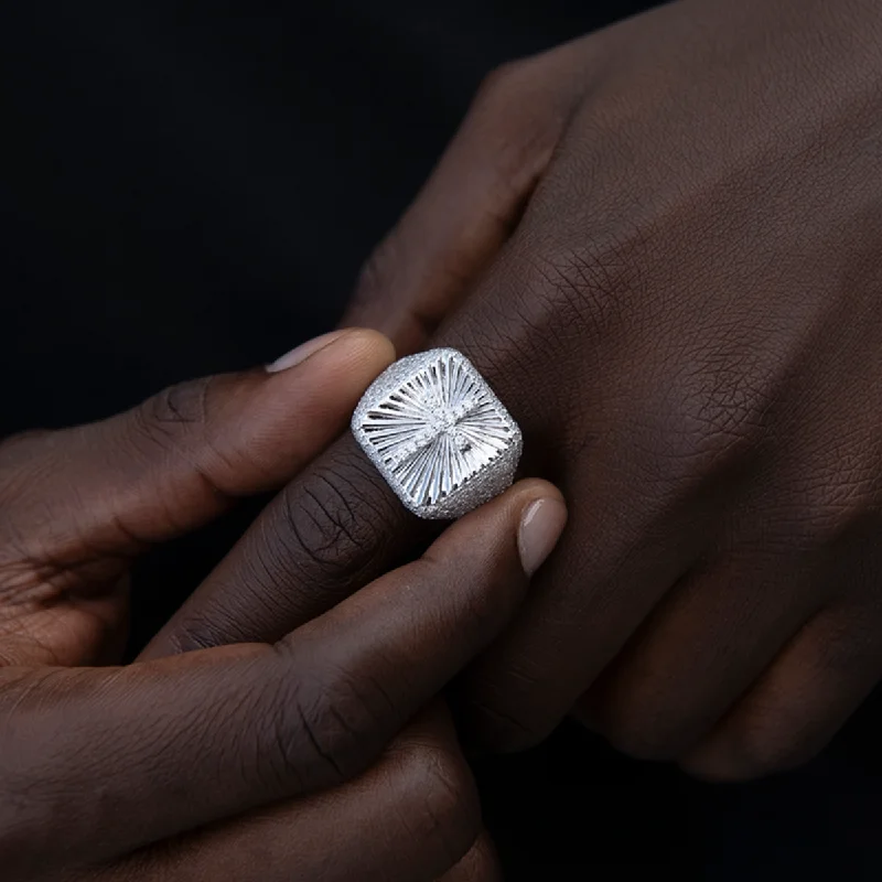 Rings with adjustable bands for perfect fit -Textured Cross Signet Ring in White Gold Vermeil