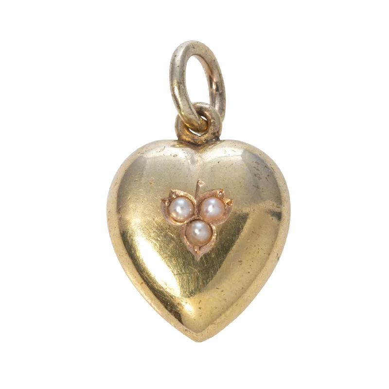 Necklaces and pendants with custom designs for a completely unique jewelry piece-Victorian Seed Pearl 15K Gold Puffed Heart Pendant