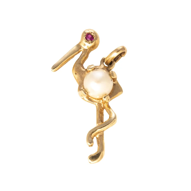 Necklaces and pendants with crescent moon designs for a celestial and mystical feel-Vintage Pearl 14K Gold Stork Charm