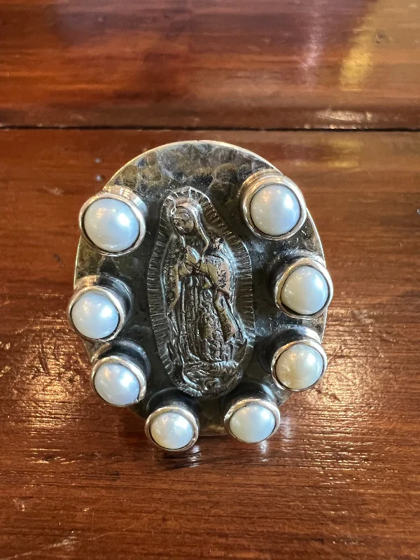 Rings with rough moonstone for natural beauty -Virgen de Guadalupe Sterling Silver & Pearl Oval Ring