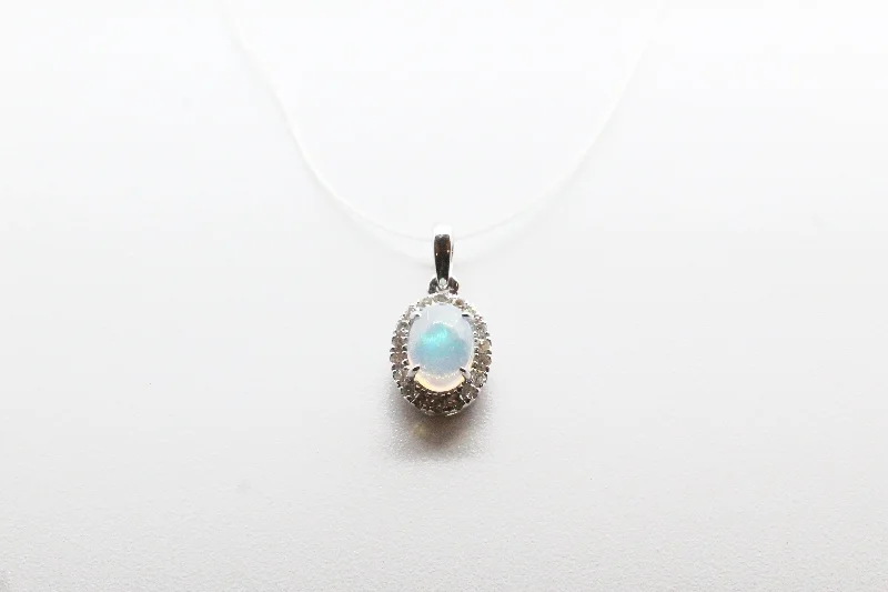 Personalized necklaces and pendants with coordinates for a meaningful location-based gift-White Gold Oval Opal Halo Pendant