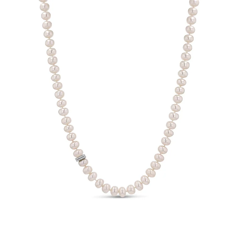 Elegant necklaces and pendants with onyx stones for a sleek, polished look-White Pearl Knotted Necklace with Diamond Rondelles - 17"