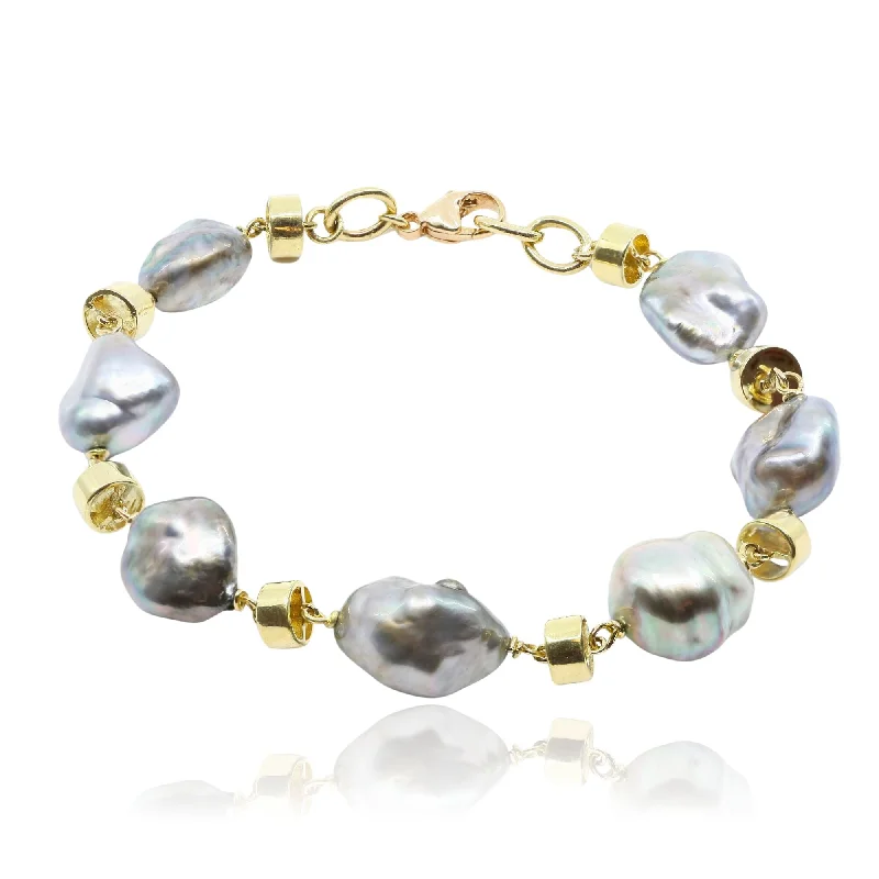 Best bangle bracelets with heart-shaped charms for a romantic and sweet touch-18K YELLOW GOLD KESHI TAHITIAN PEARL BRACELET WITH BARREL SPACERS