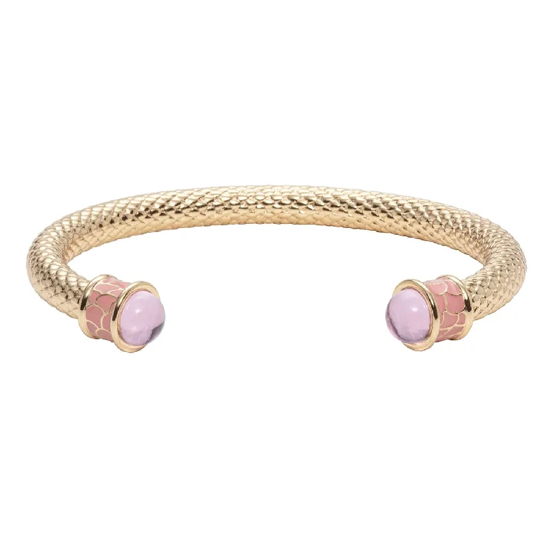 Best bangle bracelets with intricate filigree patterns for an elegant and detailed finish-18K YELLOW GOLD PLATED SALAMANDER TORQUE ROSE QUARTZ BANGLE