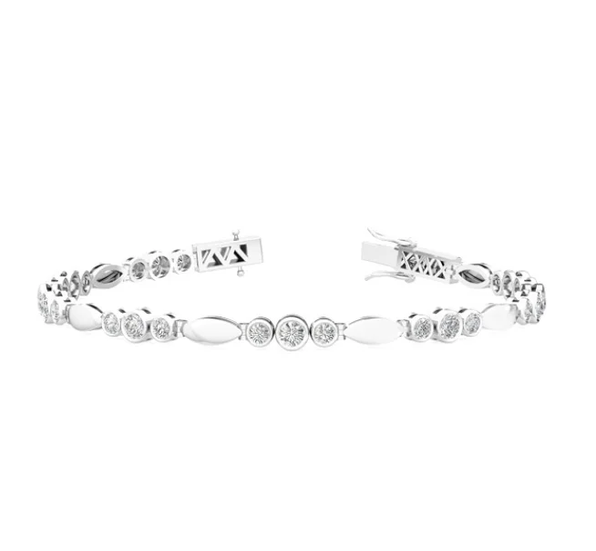 Best bangle bracelets with stacked designs for a trendy and fashionable look-14W 7" 1.82ctw F-G/VS1 RBC LG Bezel-Set Diamond Bracelet Diamonds Set In Groups of 3 with Gold Marquise Spacers  24 RBC