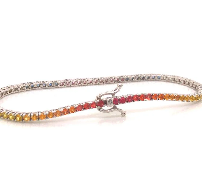 Best bangle bracelets for stacking with delicate and thin designs for layering-14W Multi-Colored Rainbow Sapphire Straight Line Bracelet