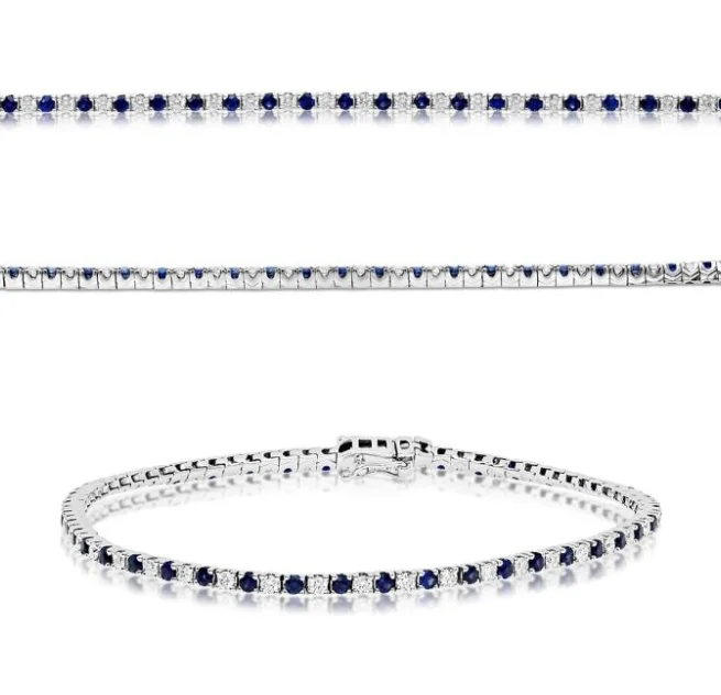 Bangle bracelets with gold and silver mixed metals for a stylish and versatile accessory-14W Round Alternating Prong Set Diamond and Sapphire Bracelet