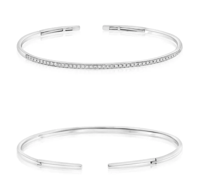 Stacked bangle bracelets with alternating textures for a dynamic, trendy look-14W Thin Cuff Bracelet with Beadset Diamond Set Across Top  45 Rd Diamonds = .31ctw