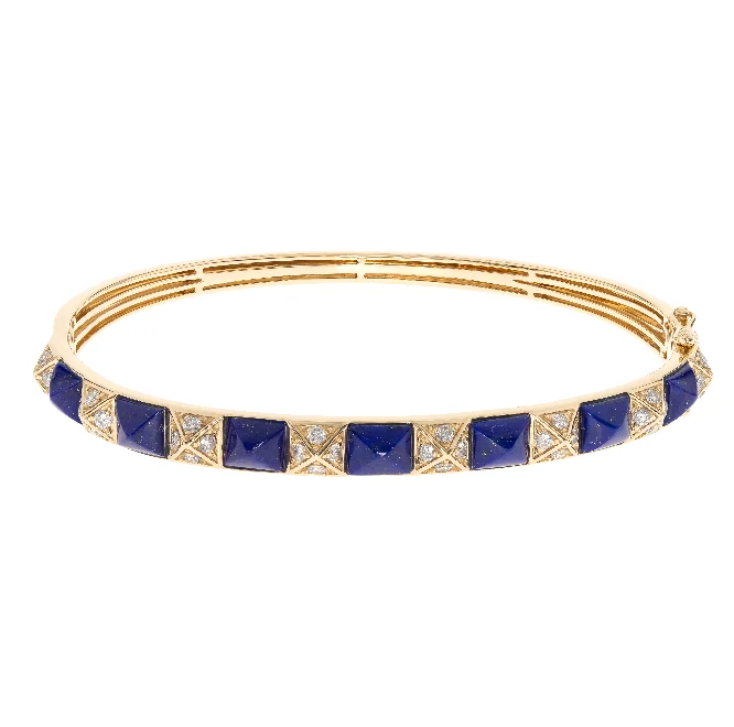 Best bangle bracelets with intricate filigree work for an artisanal, vintage vibe-14Y Pyramid Lapis and Diamond Hinged Cuff Bracelet  7L=4.82ct 30D=.66ctw