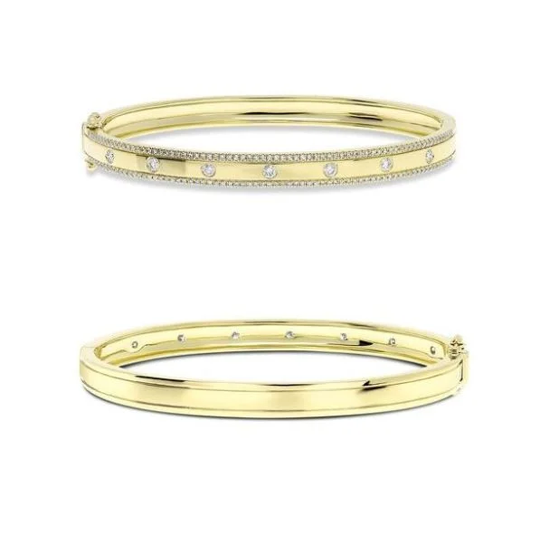 Traditional gold bangle bracelets with a smooth finish for a classic look-14Y Round Flush Set Diamond Hinged Bangle Bracelet, 8.4dwts